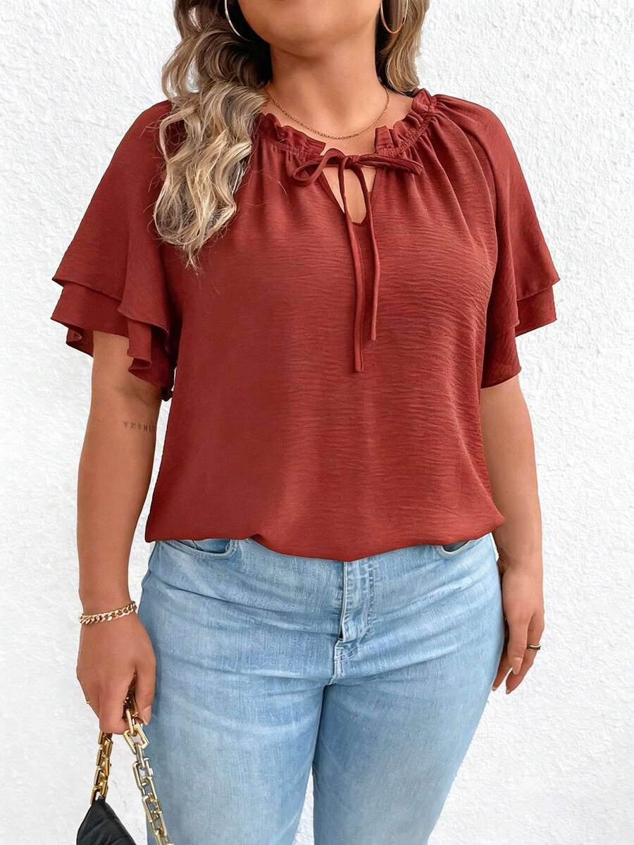 EMERY ROSE Plus Size Women Summer Casual Vacation Daily Commute Solid Color Knot Cutout Neck Layered Flutter Sleeve Loose Top - Rust Brown - View 1