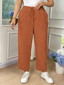 SHEIN LUNE Plus Size Women Cotton Fold-Over Waist Tie Pocket Pants Fall - Khaki - View 7