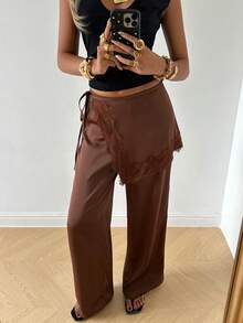 SHEIN EZwear Pantalones casuales de mujer con parches de encaje anudado en color café - Café integral - Ver 7