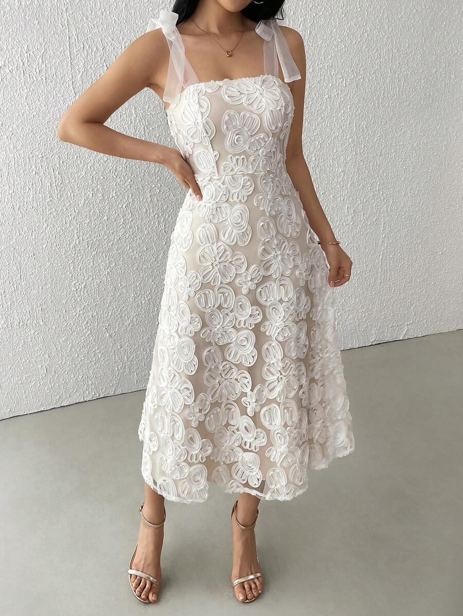 Modelyn Women's Bowknot Strap Jacquard Beach Vacation Style White Bandeau Mid-Length Dress - Apricot - View 1