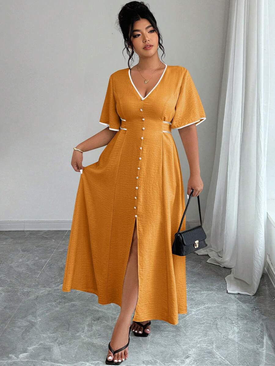 Elenzga Plus Size Women V-Neck Ruffle Trim Short Sleeve Button Design Elegant Curve Dress Vacation White Summer - Yellow - View 1