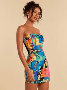 Travachic Graffiti Print Fitted Tube Dress, Casual Summer - Multicolor - View 3