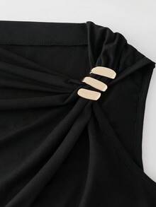SHEIN CURVE+ 大码女式休闲百搭侧边褶皱金属扣装饰吊带衫 - 黑色 - 查看 5