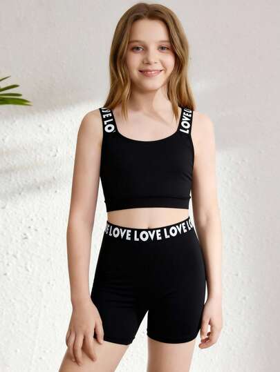 Bộ đồ thể thao nữ in hình LOVE gồm áo ngực thể thao kiểu racerback và quần short bó sát co giãn cao, trang phục tập luyện khiêu vũ chuyên nghiệp, bộ đồ tập thể dục yoga.