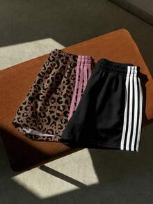 Comfortcana 2pcs Women's Casual Leopard Print Color Block Brown Black Loose Knit Patchwork Plus Size Shorts,Summer Hiking Beach Vacation Bohemian Style Shorts - Multicolor - View 8