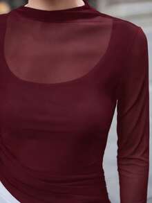Ontre 女款酒紅色網紗拼接透視優雅上衣，適合秋季夜生活、商務休閒辦公穿著、波希米亞風婚禮賓客及度假 - 酒紅色 - 查看 2
