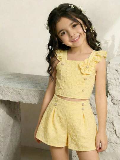 2件套少女甜美公主风提花背心短裤套装，春夏款，花卉刺绣纽扣装饰，荷叶边袖上衣和短裤，适合日常休闲穿着和派对场合。