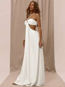 MUSERA Áo liền quần ống rộng, dây buộc cổ yếm, chi tiết vòng chữ O, phong cách boho miền Tây, thích hợp cho kỳ nghỉ, mùa xuân hè, đi biển, thanh lịch, phù hợp cho kỳ nghỉ ở Ibiza, dự đám cưới, hẹn hò, gợi cảm, tiệc tối, tiệc cưới. - trắng - Xem 2