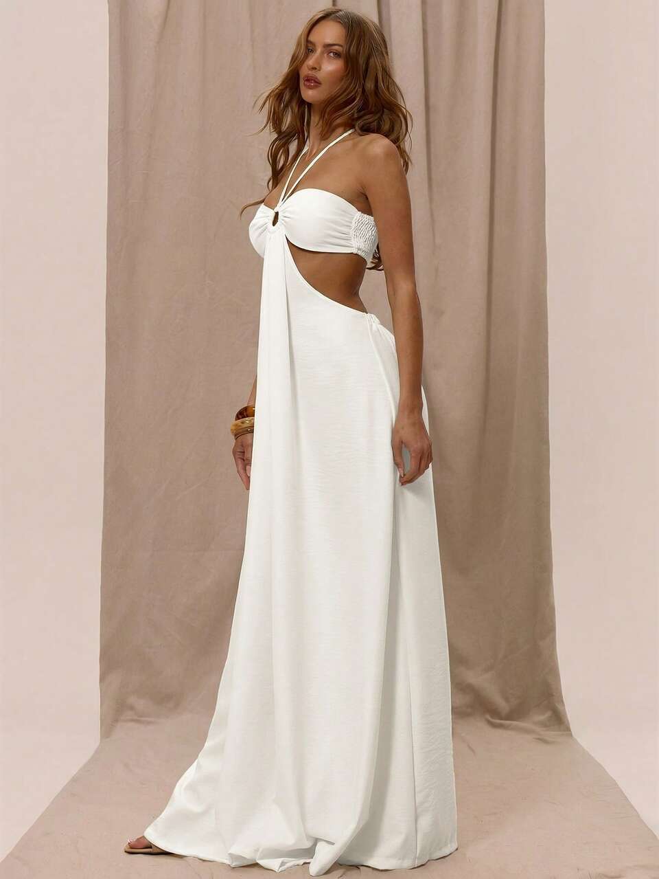 White Halterneck Strap Bandeau O Ring Detail Extreme Wide Leg Jumpsuit