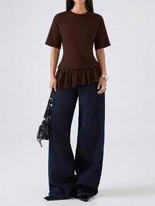 LYSMO 2026新款简约春夏女装优雅纯色蕾丝拼接不对称下摆修身T恤，白色荷叶边下摆衬衫，棕色褶皱衬衫，荷叶边下摆衬衫，荷叶边下摆衬衫，端庄女士衬衫 - 棕色 - 查看 1