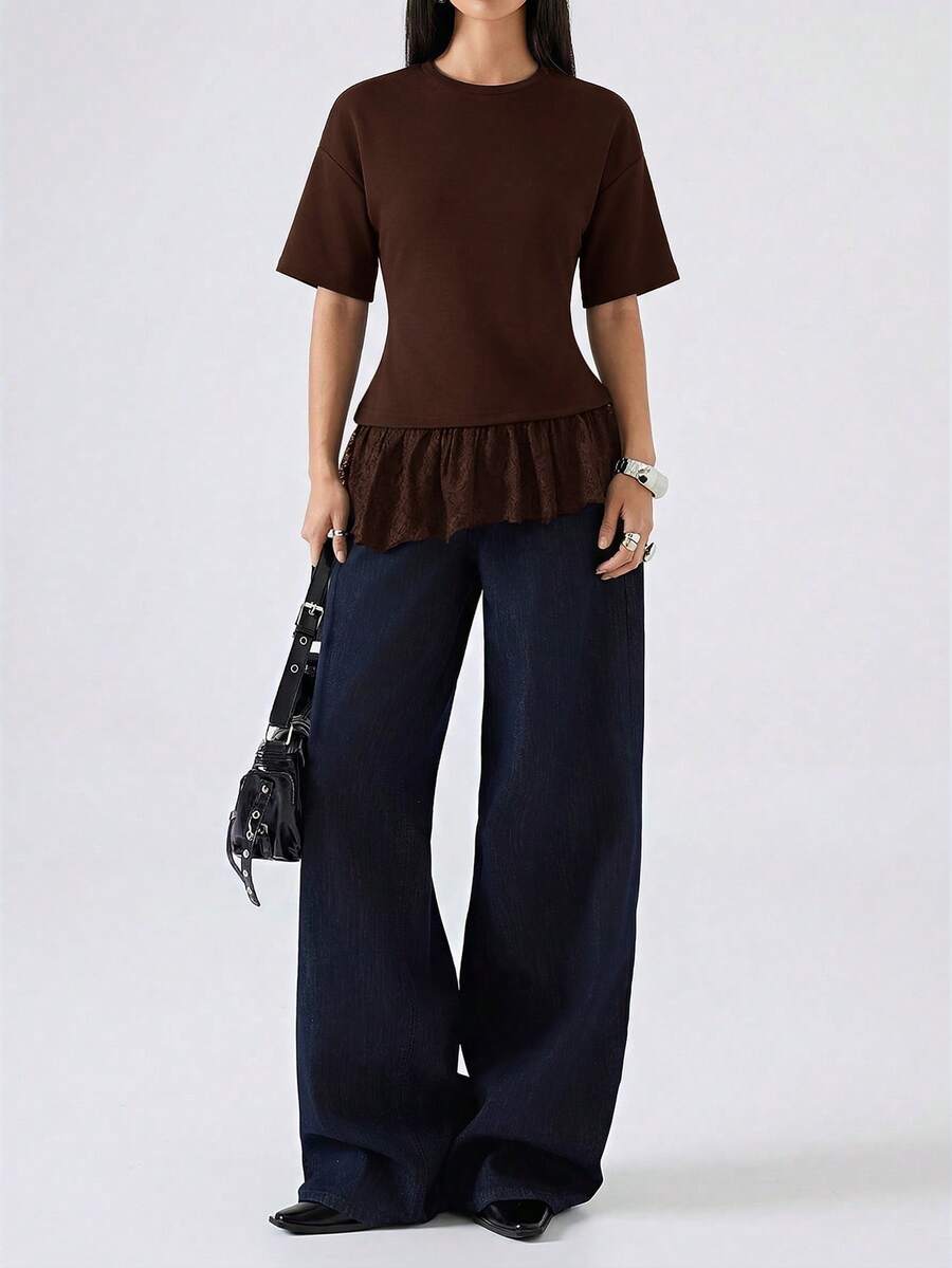 LYSMO 2026新款简约春夏女装优雅纯色蕾丝拼接不对称下摆修身T恤，白色荷叶边下摆衬衫，棕色褶皱衬衫，荷叶边下摆衬衫，荷叶边下摆衬衫，端庄女士衬衫 - 棕色 - 查看 1