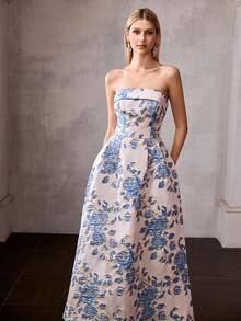 MOTF PREMIUM Đầm quây hoa jacquard màu xanh thanh lịch, hàng mới về, đầm dài đến đầu gối. - Màu xanh lam - Xem 4