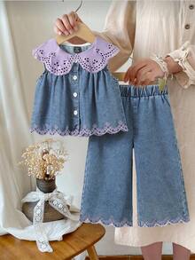 SHEIN Countryside Style Peter Pan Collar Girls' Outfit, Baby Girl Fashion Embroidered Hem Sleeveless Top And Long Pants 2-Piece Set - Mauve Purple - View 1