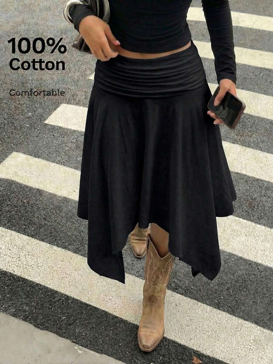 Aloruh Chân váy midi xếp ly vạt lệch mới, chất liệu 100% cotton, thích hợp cho mùa xuân/hè, mang phong cách retro Y2K. - màu đen - Xem 1