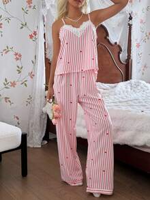 CottageSlumber Conjunto de pijama de camiseta de tirantes y pantalones con estampado de corazón a rayas y encaje en contraste para mujer, primavera/verano - Multicolor - Ver 5