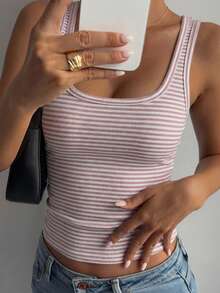 Áo tank top nữ kẻ sọc phối màu, kiểu dáng thường ngày, phù hợp để mặc hàng ngày. - Hồng - Xem 4