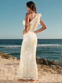 Opulessa Đầm dài thanh lịch dành cho nữ, chất liệu jacquard, thắt eo, thích hợp cho các bữa tiệc và sự kiện. - Màu be - Xem 2