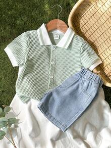 SHEIN Vintaside Kids 男婴春夏时尚休闲短袖衬衫搭配水洗牛仔短裤套装，适合居家、度假、朋友聚会等场合，为宝宝打造舒适时尚的造型。 - 綠色 - 查看 4