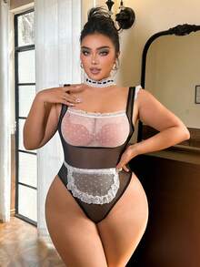 Fantasy Costume Fantasy Costume Conjunto de 3 piezas de ropa interior sexy para mujer - Mono sexy, decoración de cuello con tira de encaje tipo gargantilla - Blanco y Negro - Ver 4