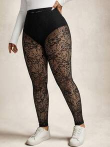 SHEIN LUNE Plus Size Fashionable Sexy Hollow Out Sheer Leggings - Black - View 2