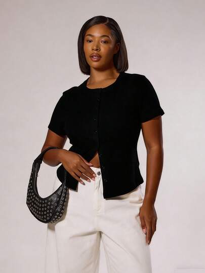 MUSERA Plus Size Button Down Fitted Short Sleeved Top Spring Summer Elegant Classy Vacation Holiday Cute Holiday Romantic 90's Y2k