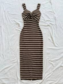 Soleia Đầm midi kẻ sọc dáng suông thoải mái cho nữ mùa hè - Màu Khaki - Xem 6