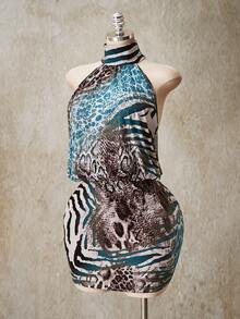 SHEIN ICON Vestido Curto Drapeado Bodycon com Gola Alta e Costas Abertas, Plus Size, Vestido Bodycon Sexy com Decote Halter e Costas Abertas no Estilo Y2K - Multicolorido - Visão 4