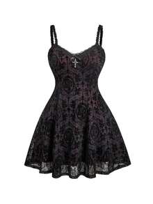 ROMWE Goth Vestito da donna taglie forti con fiocco floccato e bordo in pizzo - nero - Visualizzare 1