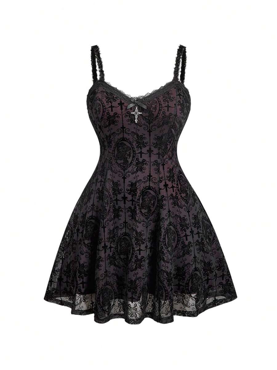 ROMWE Goth Vestito da donna taglie forti con fiocco floccato e bordo in pizzo - nero - Visualizzare 1