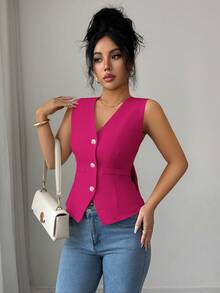 Elenzga Áo tank top nữ màu trơn, cổ chữ V, không tay, thắt nơ phía sau, ôm sát, tôn dáng, làm nổi bật vẻ quyến rũ nữ tính, thích hợp mặc vào mùa thu/đông, lý tưởng cho các buổi hẹn hò, du lịch, đi làm, ngày Valentine và các bữa tiệc. - Màu Hồng Tươi - Xem 7