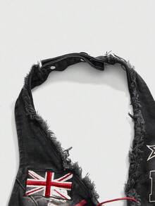 ROMWE Grunge Punk Spring/Summer Plus Size Summer Fashionable Street Style Washed Letter Graphic Criss-Cross Halter Denim Top - Black - View 4