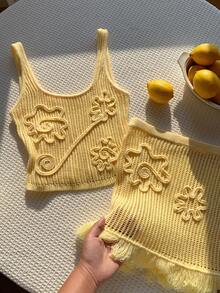 Comfortcana 女士性感优雅3D钩编镂空流苏针织吊带背心和迷你裙两件套 - 黃色 - 查看 7