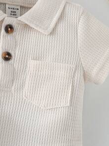 SHEIN Playful Pals 4件裝嬰兒男/女童夏季華夫格面料短袖POLO連身褲 黑白條紋休閒款 親子套裝 日常戶外玩樂派對穿搭 - 彩色 - 查看 5