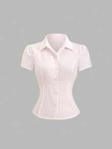 SHEIN Sweetro 女士纯色短袖单排扣休闲衬衫，春夏款 - 粉色 - 查看 4