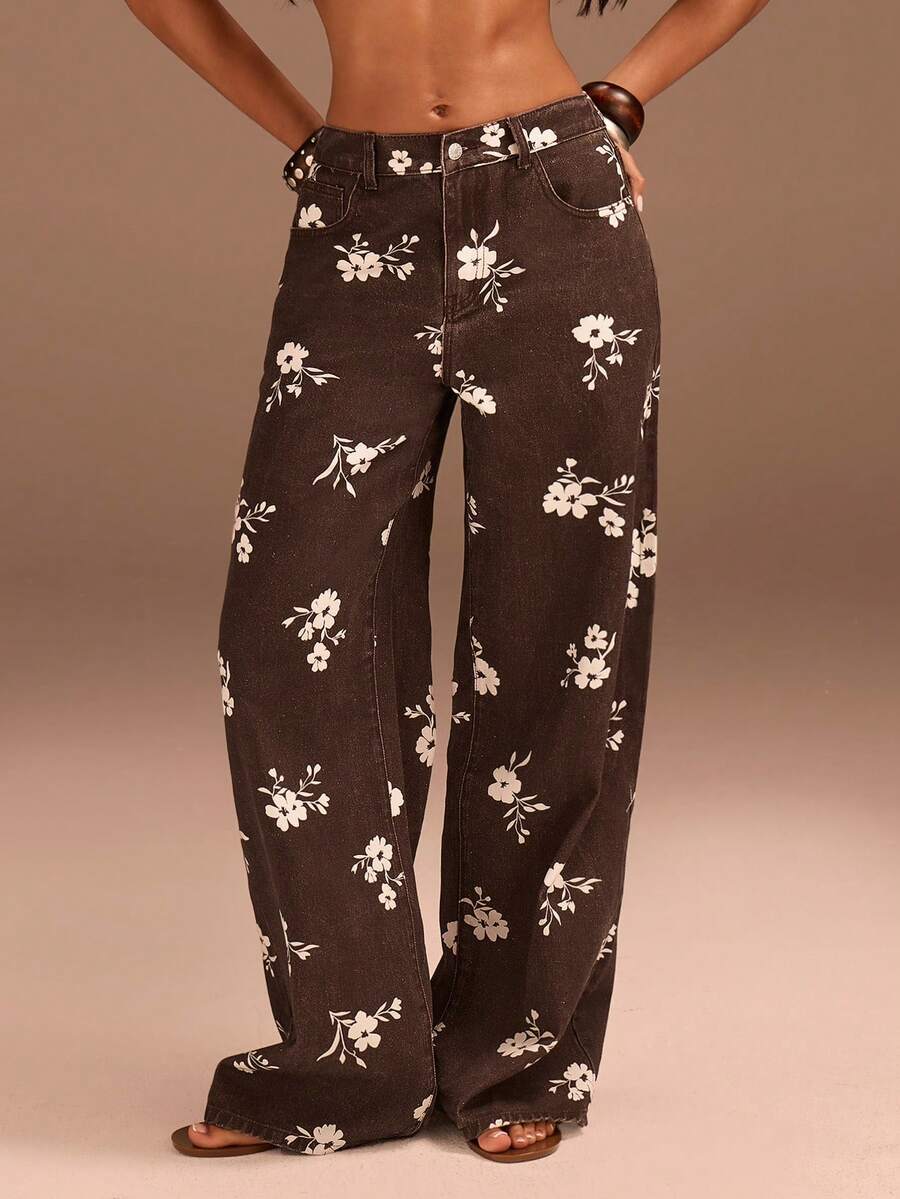 Athîral 女士休闲度假卡其色印花阔腿牛仔裤，春夏款 - 咖啡棕 - 查看 1