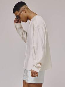 Musero Open V Neck Front Relaxed Fit Long Sleeve Dropped Shoulder Circular Neckline Shirt Spring Summer Essentials Holiday Beach - Khaki - View 3