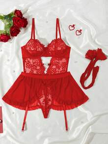 3pcs Set: Sexy Lace Contrast Mesh Bodysuit + Ruffle Garter Skirt + 2pcs Stockings - Red - View 4