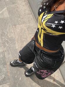 SHEIN 女士图案设计口袋做旧宽松休闲七分牛仔裤 - 黑色 - 查看 7