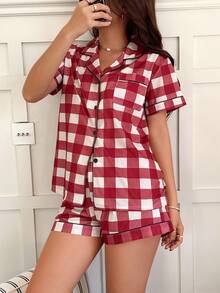 Conjunto de pijama con estampado de cuadros en el cuello - Burdeos - Ver 4