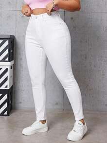 SHEIN EZwear 大码女式纯色口袋拉链纽扣休闲百搭牛仔裤 - 白色 - 查看 1