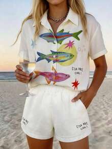Conjunto de camisa de manga corta con botones y pantalones cortos con estampado de peces para mujer - Naranja 2 - Ver 5