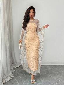 SHEIN Raffinéa Robe bustier élégante avec garniture florale brodée et superposition transparente révélatrice. Ensemble à la mode en deux pièces, flatteur pour les fêtes et les rassemblements, printemps/été - Champagne - Voir 1
