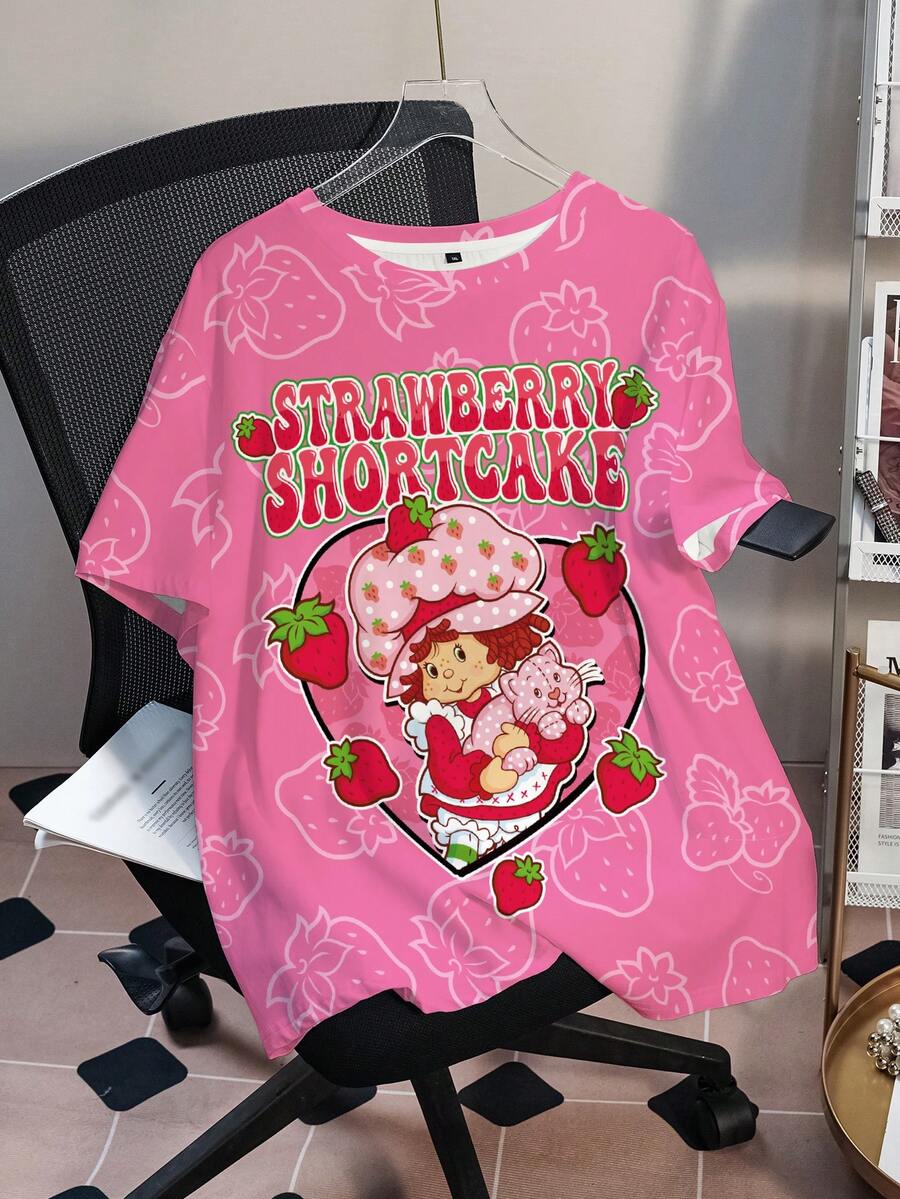 Strawberry Shortcake X SHEIN Áo thun tay ngắn cổ tròn họa tiết hoạt hình dễ thương, cỡ lớn, thích hợp mặc mùa hè. - trắng - Xem 1