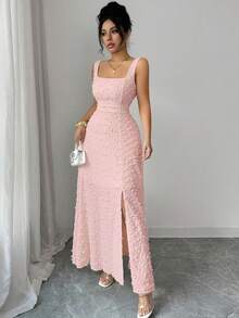 Elenzga New Sleeveless Square Neck Textured Knit Dress With Open Back Bow Tie Design, Elegant Fitted Party Dress - Dusty Pink - View 5