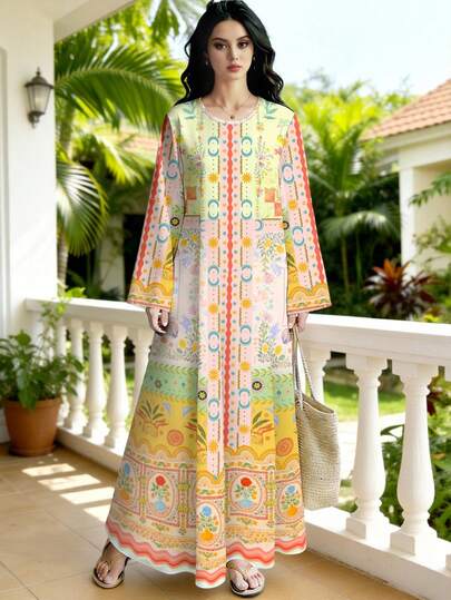 SHEIN Najma Đầm dài tay dài cổ chữ V phối màu họa tiết hoa nhí hình ngôi sao và mặt trăng, kiểu dáng thanh lịch, phong cách Bohemian, thích hợp cho mùa xuân/hè.