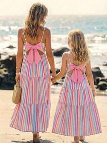 SHEIN Girls' Spring/Summer Fashion Bowknot Backless Splice Contrast Color Slip Dress, Suitable For Vacation, Party, Daily Wear, Wedding And Other Occasions - Multicolor - View 9