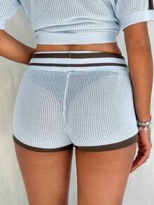 SHEIN Muchic Quần short dệt kim kẻ sọc, kiểu dáng khoét lỗ, có dây rút ở eo, thích hợp cho kỳ nghỉ và đi biển dành cho nữ. - Màu xanh lam - Xem 2