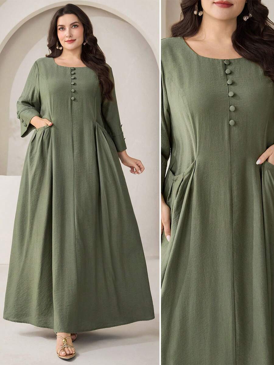 Veilorie Plus Size Women Elegant Solid Color Pocket Dress Fall - Olive Green - View 1