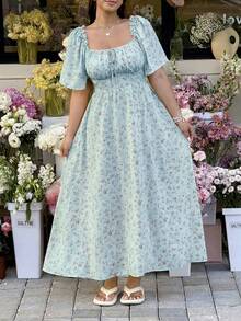 GalTyme 大码女式碎花系带多功能沙滩裙 - 藍色 - 查看 4