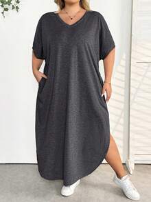 SHEIN CURVE+ 大码女装春夏新款时尚通勤休闲口袋设计分体睡袍 - 黑色 - 查看 5